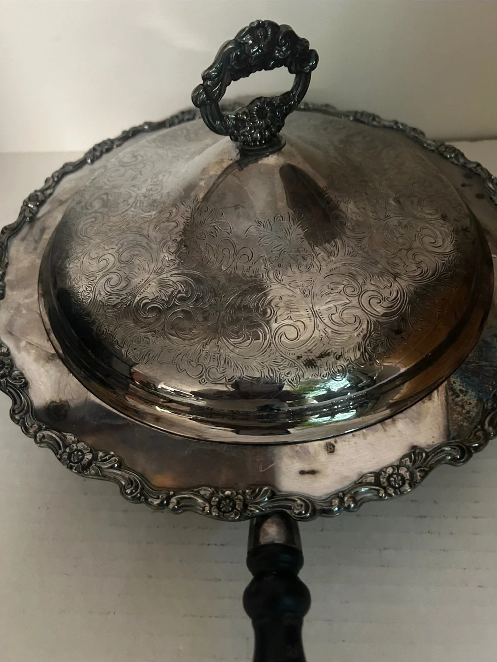 Silver-Plated Covered Serving Dish with Black Handle